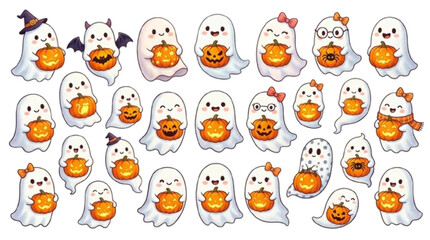 Fototapeta premium 25 unique ghosts holding jack-o'-lanterns, carved pumpkins, mini pumpkins and pumpkin baskets, isolated on white background.