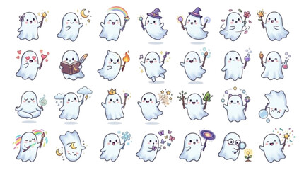 Obraz premium Cute ghosts holding magic wands, 25 unique magical ghost poses, white background.
