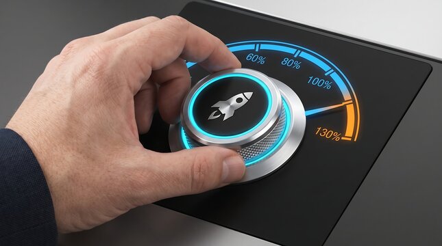 Businessman hand turning rocket launch speed knob for business growth performance startup success concept presentation