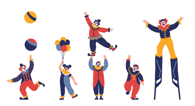 Collection of cheerful circus clown characters performing fun acts like juggling, balancing, and walking on stilts.