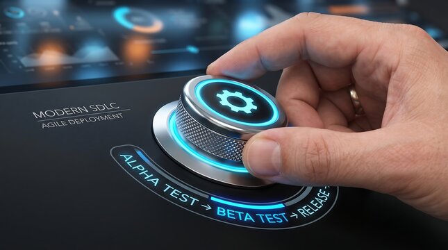 Modern SDLC Software Development Concept with Hand Turning Glow Knob for Agile Deployment Alpha Beta Test and Release