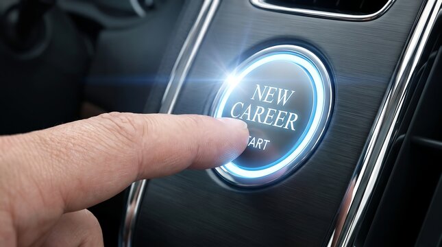 Finger pressing blue glowing new career start button on modern dashboard for professional job change success concept.