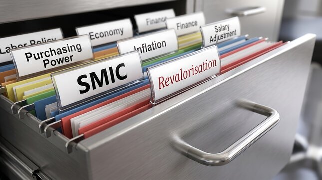 SMIC minimum wage and revalorisation folders in metal filing cabinet for economic policy and salary adjustment design
