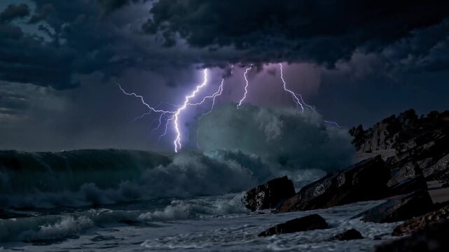 Fierce storm over rocky shore with crashing waves vivid lightning and dramatic sky at sea coast