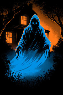 Stylized comic horror phantom skeleton in a suburban garden with glowing halloween drama