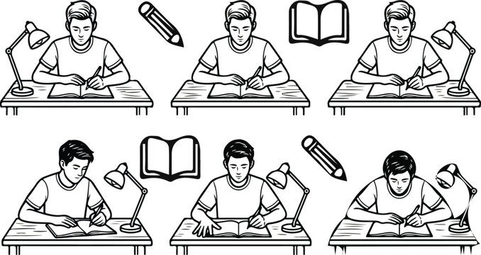 Boy student character sitting at desk studying writing in notebook under table lamp light