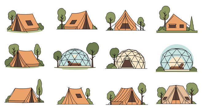 Collection of modern glamping tents, geodesic domes, and cozy cabins surrounded by trees, perfect for outdoor camping adventure.