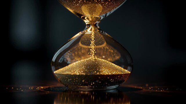 Mesmerizing close up of hourglass with shimmering golden sand flowing steadily in slow motion