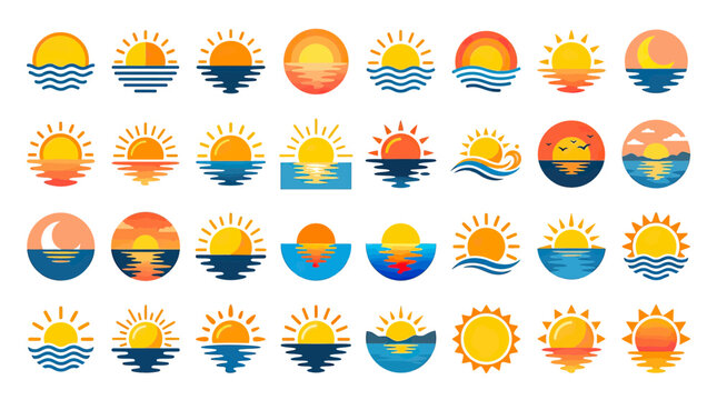 Sunrise Sunset Icons Collection: Sun Over Water Vector Illustrations