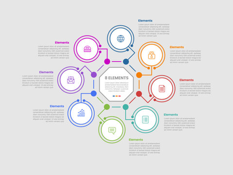 8 elements infographic comparison diagram with small circle connection on circular cycle with dot line style 8 step for slide presentation