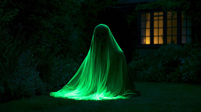 Haunted garden with hooded skeleton specter and dark copy space for halloween advertising