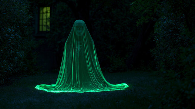 Haunted garden with hooded skeleton specter and dark copy space for halloween advertising