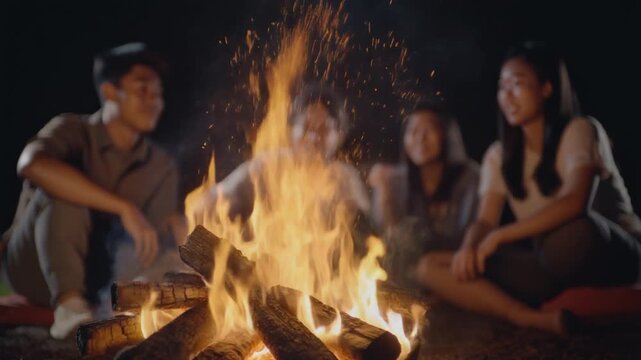 夜の焚き火の奥で若い男性と女性が談笑し炎の光が顔を柔らかく照らす場面