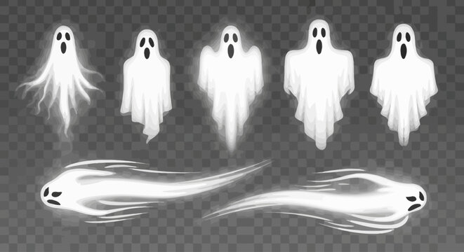 Spooky white ghost collection, realistic flying phantom spirits with glowing effects, 7 Halloween ghost characters on transparent background