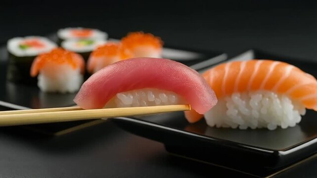 箸で持ち上げた本マグロの握り寿司を主役に色鮮やかな寿司が奥へ並ぶ場面