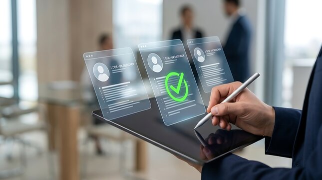 Human resources manager approving software developer hiring application on digital screen with futuristic holographic interface