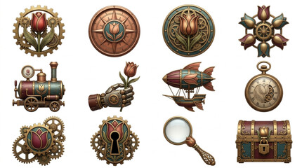 Steampunk Icons Collection Featuring Gears Roses Train Airship Magnifying Glass and Treasure Chest. © nendi
