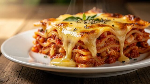 Close up of a steaming cheesy lasagna slice being served on rustic wooden plate