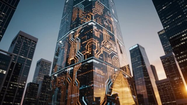 Futuristic skyscraper glowing with circuit patterns pulsing energy at sunrise in modern cityscape