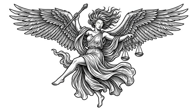 Winged Nemesis with Scales and Scepter in Dynamic Pose
