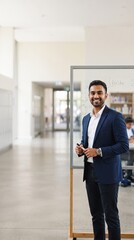 Fototapeta premium Smiling Male Teacher by Modern Classroom Board with Clean Copy Space
