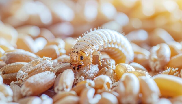 Macro shot of a beetle larva crawling on harvested wheat grains, highlighting agricultural pest infestation, food storage contamination, and destructive crop insect larvae concept.