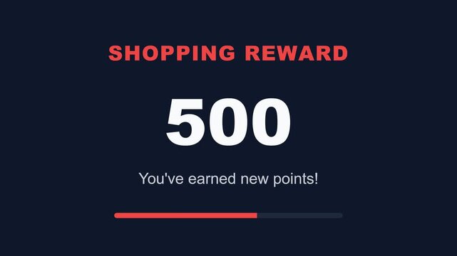 Reward points animation, dynamic shopping reward display with increasing points, seamless loop, symbolizing customer loyalty and shopping incentives