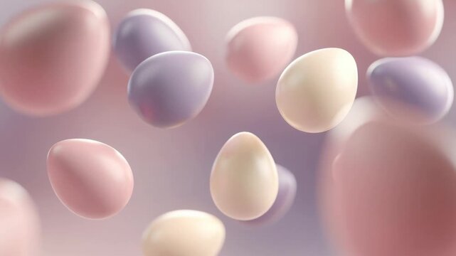 Soft pastel colored eggs gently floating and drifting in a serene dreamlike atmosphere