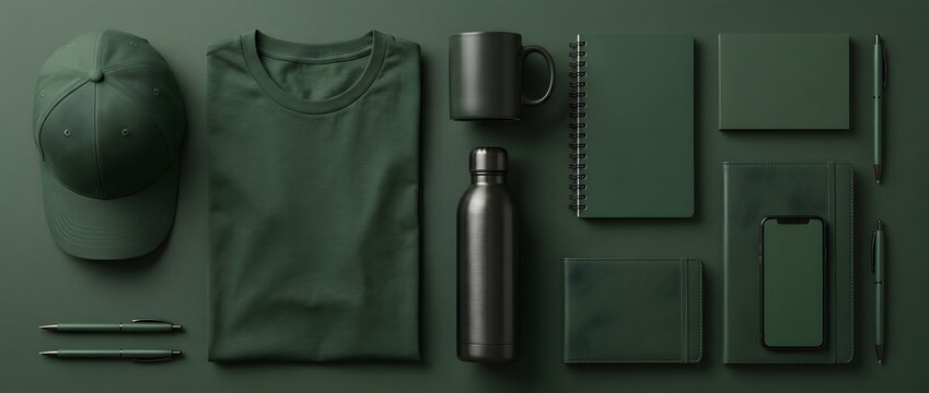 Luxury Dark Green Promotional Merchandise Mockup Flat Lay with Blank Branding Products