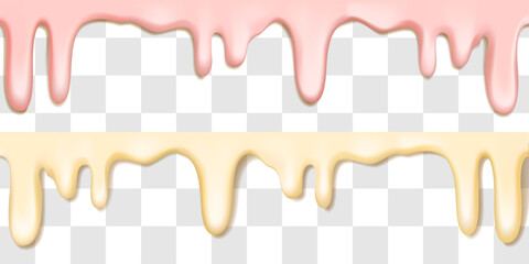 Dripping pink icing, voluminous buttercream slime. Liquid white texture of milky yogurt, realistic spalsh. Chocolate syrup drop, with wavy edge on cake. Vanilla frosting with berry cheese cream. © Svetlana Ievleva