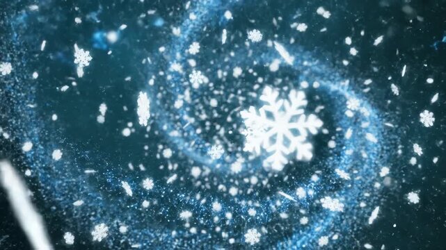 Magical swirling snowflake background blue with glowing particles
