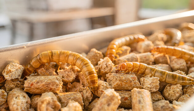 Close-up shot of large superworms or mealworms crawling over dry organic feed pellets inside a breeding tray at an insect farm, concept of sustainable alternative protein production for pets.