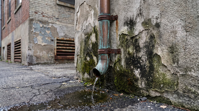 Weathered copper downspout dripping clean water onto cracked pavement beside a textured old concrete wall