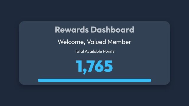Rewards dashboard animation, dynamic points counter display, welcome message and total available points increasing, seamless loop, symbolizing customer loyalty and rewards program