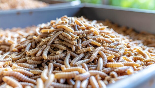 Close-up shot of a large pile of live mealworms or insect larvae thriving in a breeding tray inside a commercial farm, concept of sustainable protein source and organic livestock feed production.