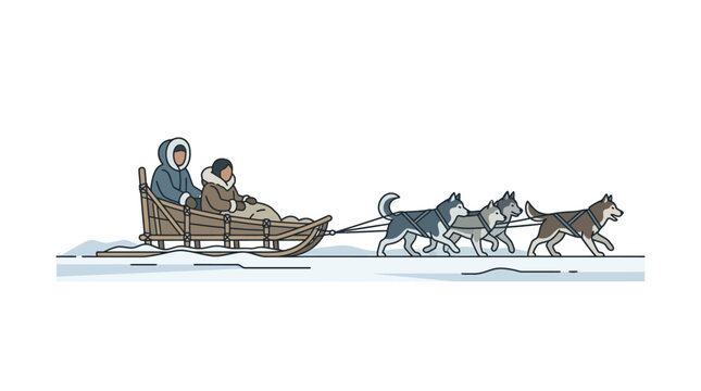 Two people riding a traditional dog sled pulled by a team of huskies across the snow.