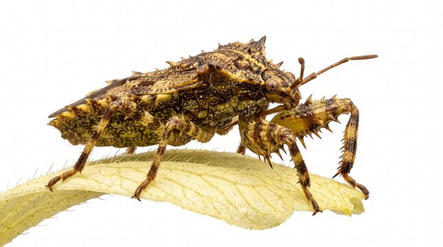 An extreme close-up of an Ambush Bug (Phymata) waiting on a small, pale yellow flower pedal against a flawless