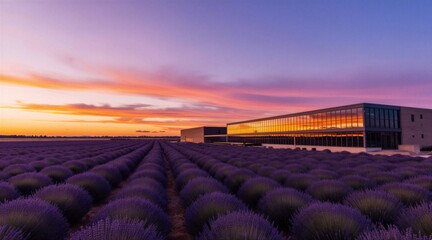 Fototapeta premium Rows of purple lavender flowers stretch towards a modern building at sunset. The sky displays vibrant orange and pink clouds. A tranquil evening scene blends nature and architecture.