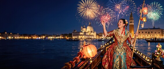 Naklejka premium Woman in traditional costume riding a gondola in Venice during Festa del Redentore. Fireworks display above historical architecture. Banner with copy space