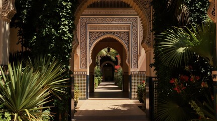 Fototapeta premium Ornate archway leads through rich garden with intricate tile work. Sunlight filters through green foliage, creating serene path. Tropical plants and flowers adorn this tranquil architectural passage.