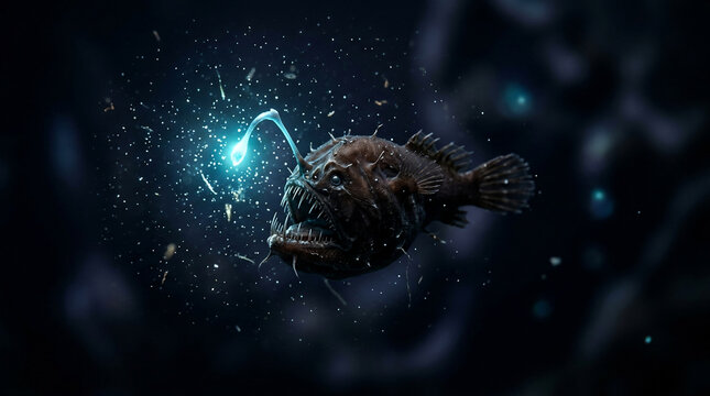 Deep sea anglerfish with bioluminescent lure and sharp teeth