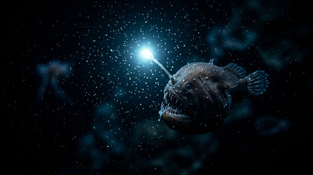Anglerfish with Bioluminescent Lure in Deep Ocean