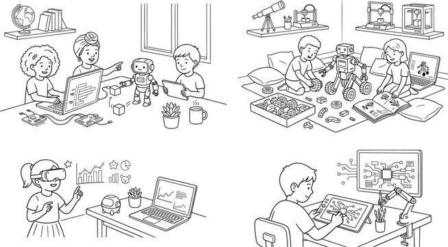 Children engaged in various stem education activities including robotics coding virtual reality and electronics engineering outline illustration set.