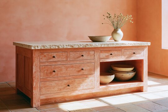 Kitchen island featuring warm terracotta limewash finish with natural stone countertop, surrounded by minimalist decor and soft lighting in a contemporary interior space