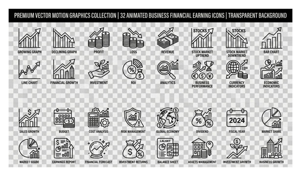 Animated Financial Graph and Business Analytics Icon Pack