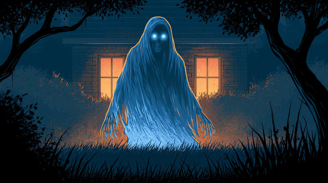Stylized comic horror phantom skeleton in suburban garden with glowing eyes and halloween mood