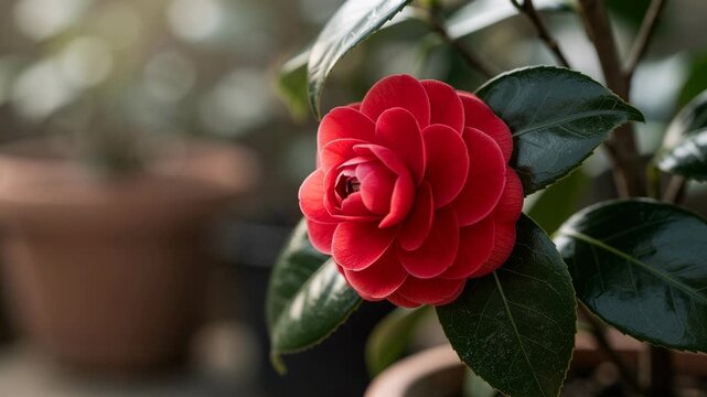 Vibrant red camellia flower slowly opening amidst glossy green leaves in soft natural light
