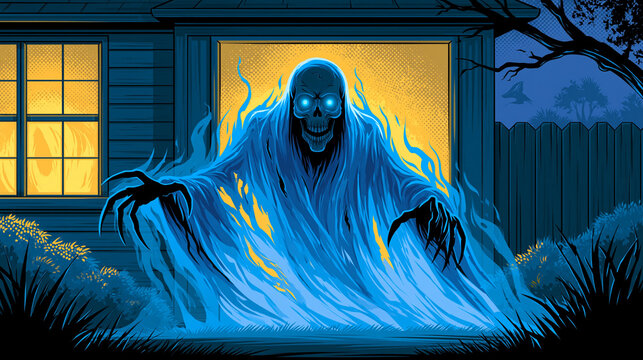 Stylized comic horror phantom skeleton in suburban garden with glowing eyes and halloween mood