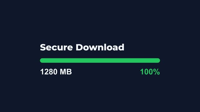 Secure download progress bar, green loading animation on dark background, displaying file size and completion percentage, symbolizing efficient data transfer, digital security, and technology