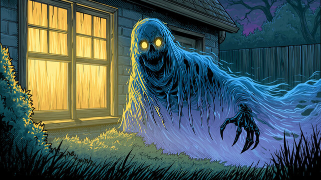 Stylized comic horror phantom skeleton in suburban garden with glowing eyes and halloween mood